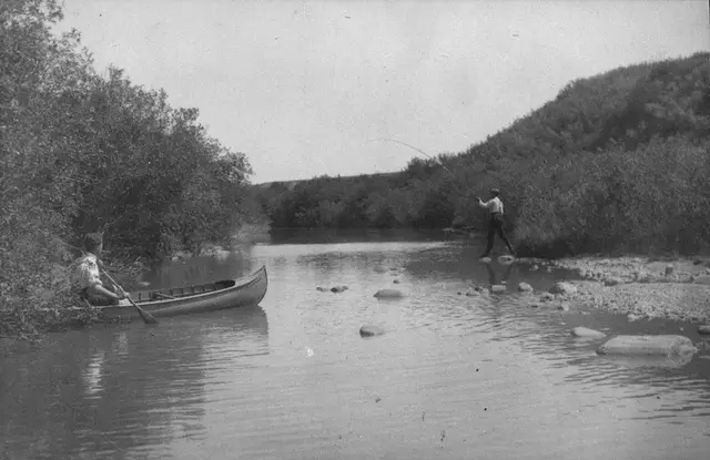 Fishing and canoeing on a creek near Moose Jaw